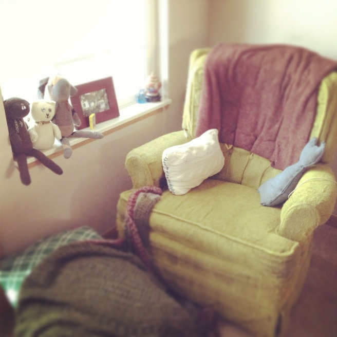 stuff I made: the pillows on the chair, the sock dolls in the window, the dark green blanket on the foot stool... 